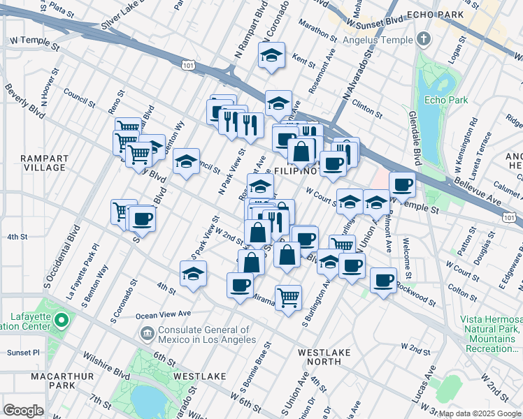 map of restaurants, bars, coffee shops, grocery stores, and more near 135 North Lake Street in Los Angeles