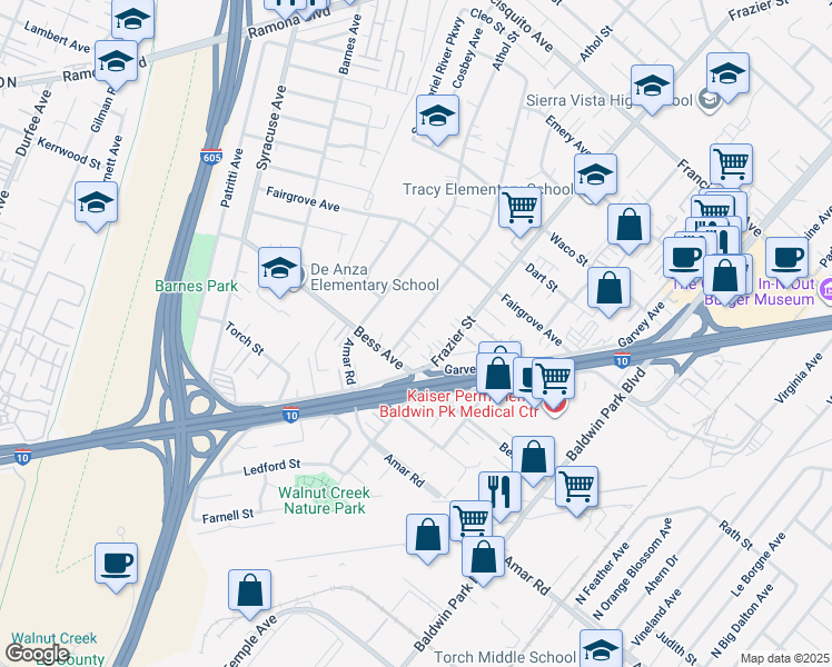 map of restaurants, bars, coffee shops, grocery stores, and more near 3134 Mangum Street in Baldwin Park