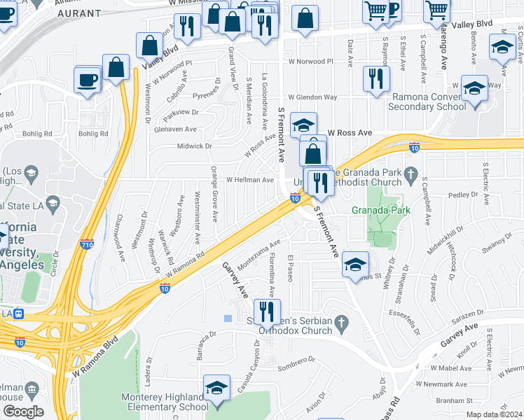 map of restaurants, bars, coffee shops, grocery stores, and more near 2621 West Ramona Road in Alhambra