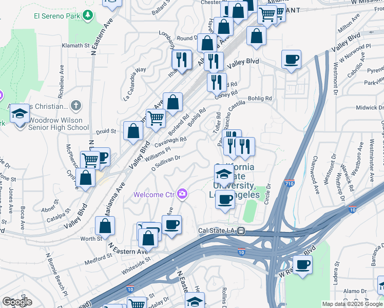 map of restaurants, bars, coffee shops, grocery stores, and more near 5106 O Sullivan Drive in Los Angeles