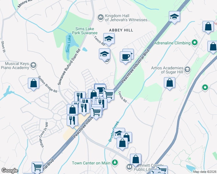 map of restaurants, bars, coffee shops, grocery stores, and more near 4400 Sims Park Overlook in Suwanee
