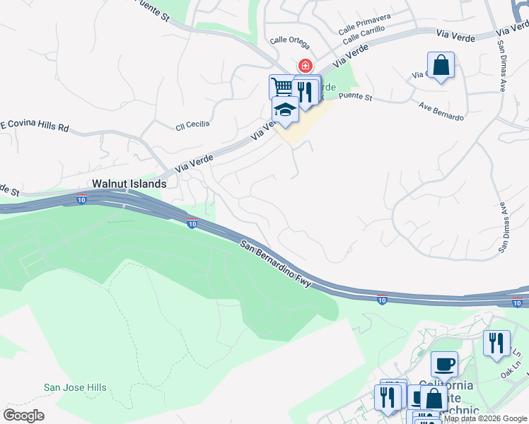 map of restaurants, bars, coffee shops, grocery stores, and more near 2360 Vía Fresa in San Dimas