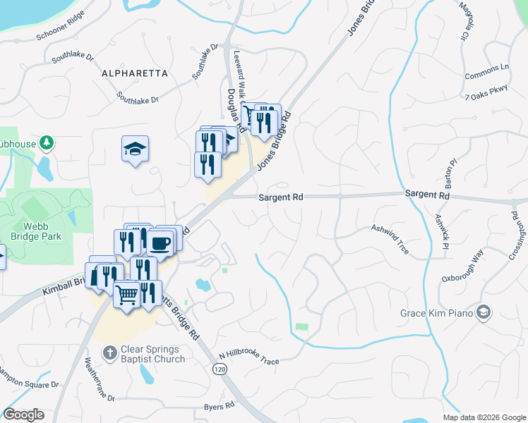 map of restaurants, bars, coffee shops, grocery stores, and more near 105 Pinion Lane in Alpharetta