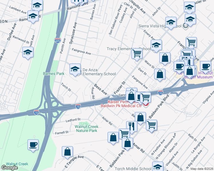 map of restaurants, bars, coffee shops, grocery stores, and more near 3129 Mangum Street in Baldwin Park