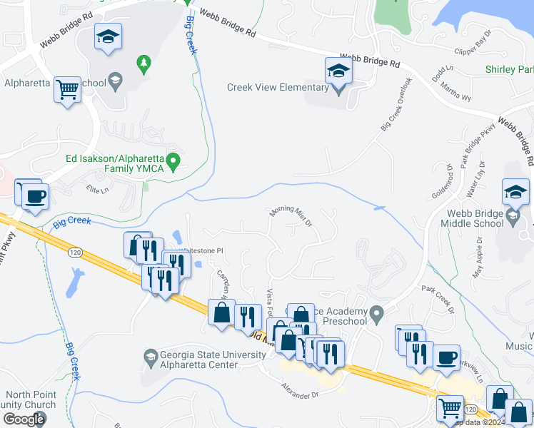 map of restaurants, bars, coffee shops, grocery stores, and more near 300 Morning Mist Way in Alpharetta