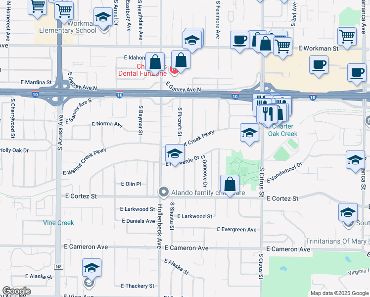 map of restaurants, bars, coffee shops, grocery stores, and more near 2242 East Walnut Creek Parkway in West Covina