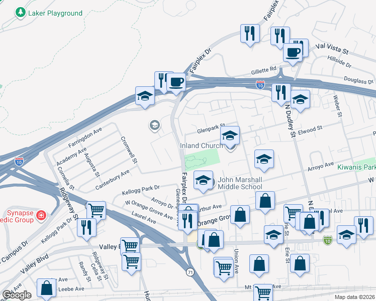 map of restaurants, bars, coffee shops, grocery stores, and more near 1876 Elwood Avenue in Pomona