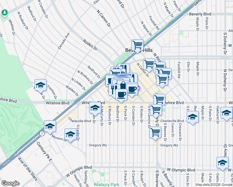 map of restaurants, bars, coffee shops, grocery stores, and more near 9633 Brighton Way in Beverly Hills