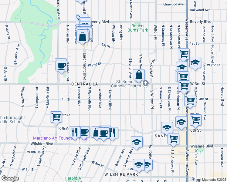 map of restaurants, bars, coffee shops, grocery stores, and more near 322 Lorraine Boulevard in Los Angeles