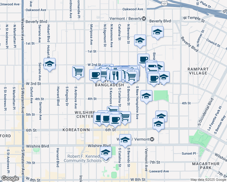 map of restaurants, bars, coffee shops, grocery stores, and more near 330 South Kenmore Avenue in Los Angeles