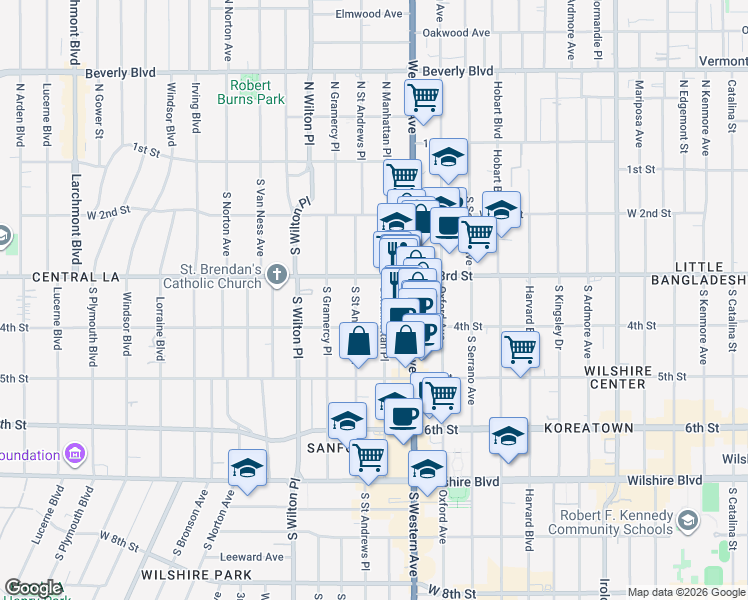 map of restaurants, bars, coffee shops, grocery stores, and more near 329 South Manhattan Place in Los Angeles
