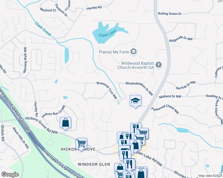 map of restaurants, bars, coffee shops, grocery stores, and more near 1532 Boxwood Trce Northwest in Acworth