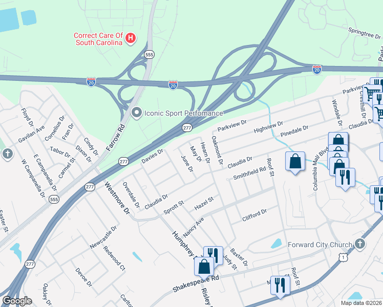 map of restaurants, bars, coffee shops, grocery stores, and more near 3927 May Dr in Columbia