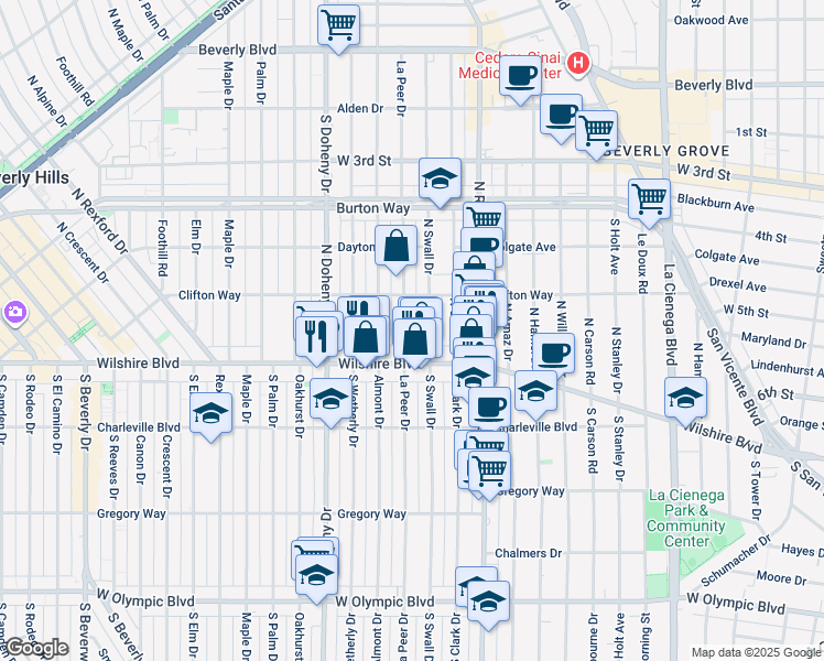 map of restaurants, bars, coffee shops, grocery stores, and more near 132 North La Peer Drive in Beverly Hills