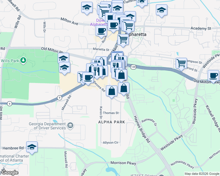 map of restaurants, bars, coffee shops, grocery stores, and more near 11770 Haynes Bridge Road in Alpharetta
