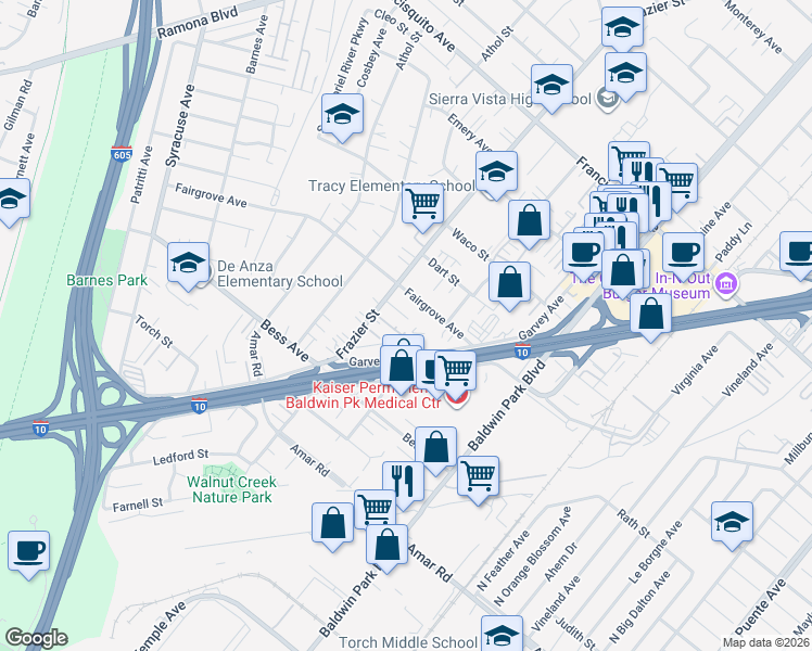 map of restaurants, bars, coffee shops, grocery stores, and more near 3114 Frazier Street in Baldwin Park