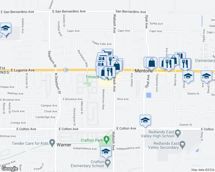 map of restaurants, bars, coffee shops, grocery stores, and more near 1763 Naples Avenue in Redlands
