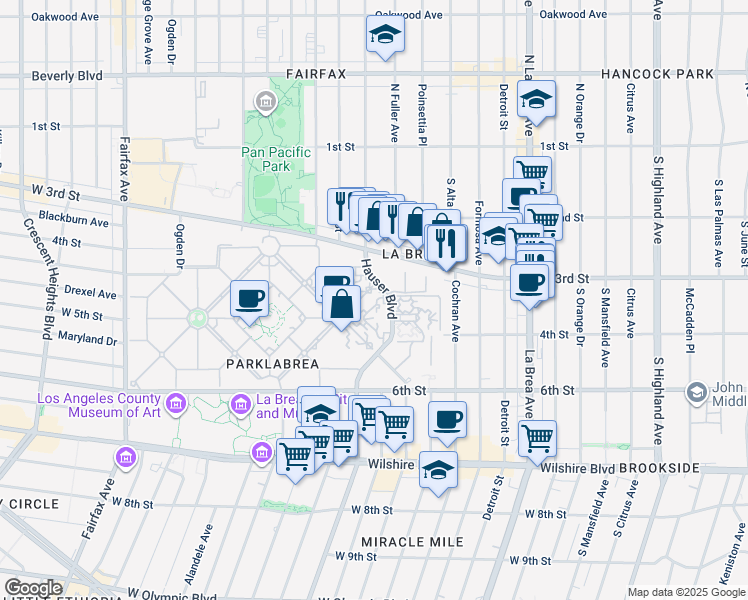 map of restaurants, bars, coffee shops, grocery stores, and more near 350 South Fuller Avenue in Los Angeles