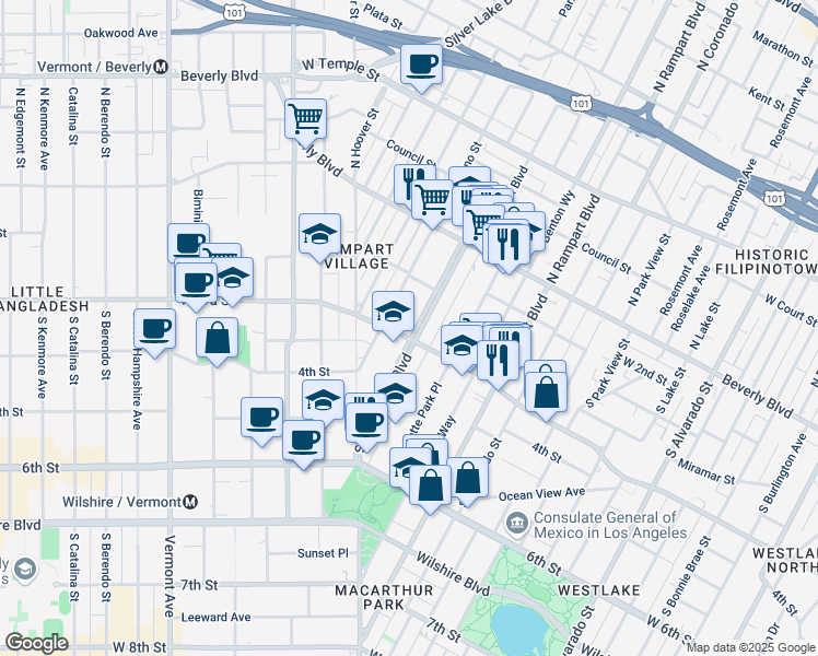 map of restaurants, bars, coffee shops, grocery stores, and more near 249 South Occidental Boulevard in Los Angeles