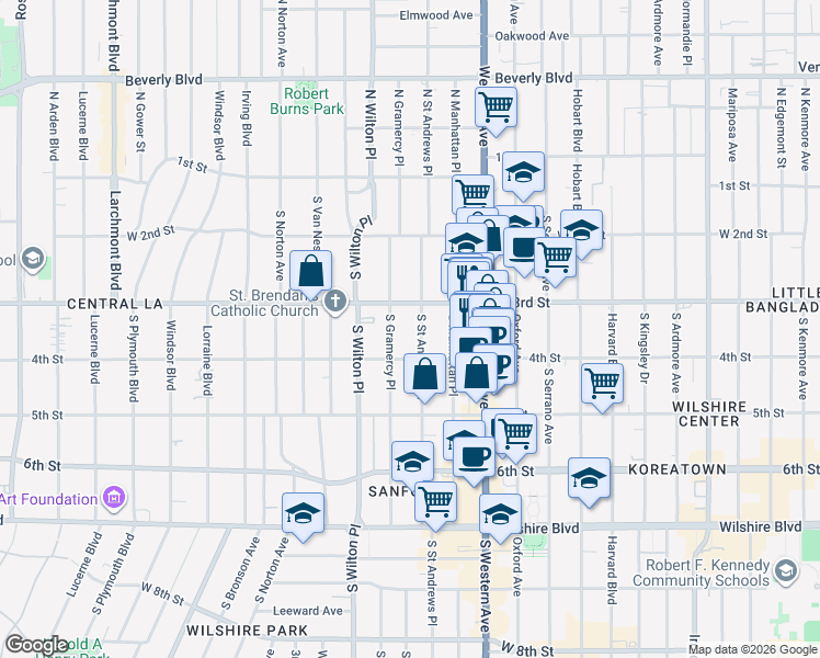 map of restaurants, bars, coffee shops, grocery stores, and more near 333 South Saint Andrews Place in Los Angeles