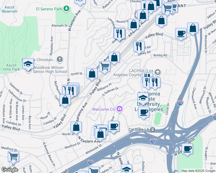 map of restaurants, bars, coffee shops, grocery stores, and more near 5054 Williams Place in Los Angeles