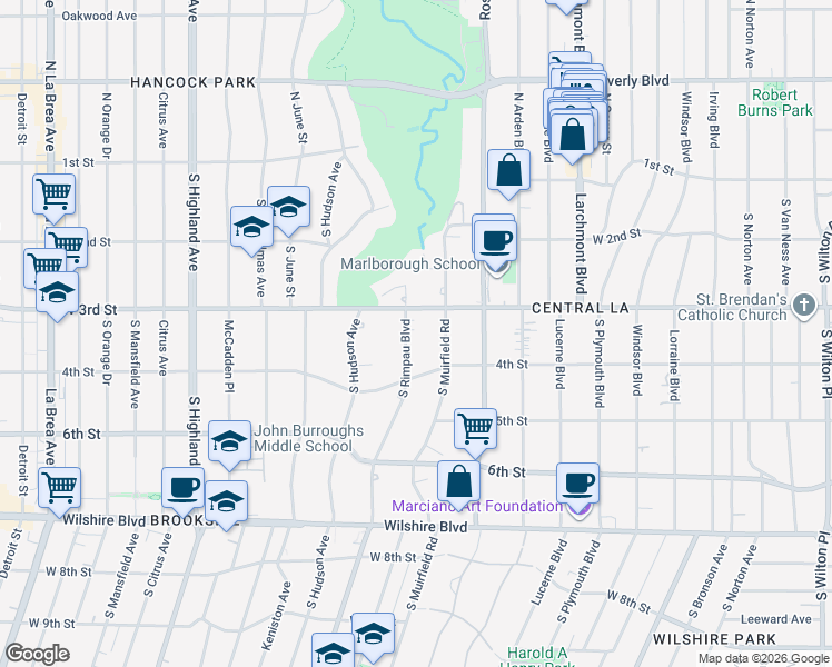 map of restaurants, bars, coffee shops, grocery stores, and more near 324 South Rimpau Boulevard in Los Angeles