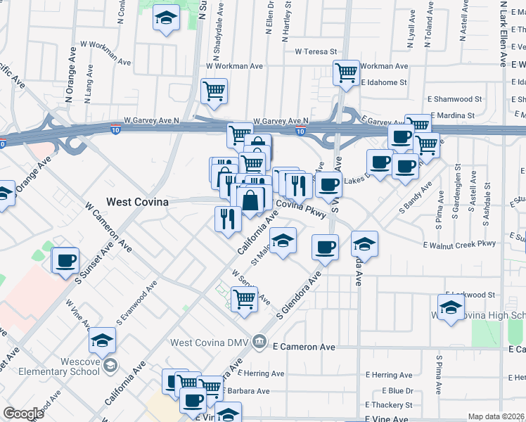 map of restaurants, bars, coffee shops, grocery stores, and more near 1002 West Covina Parkway in West Covina