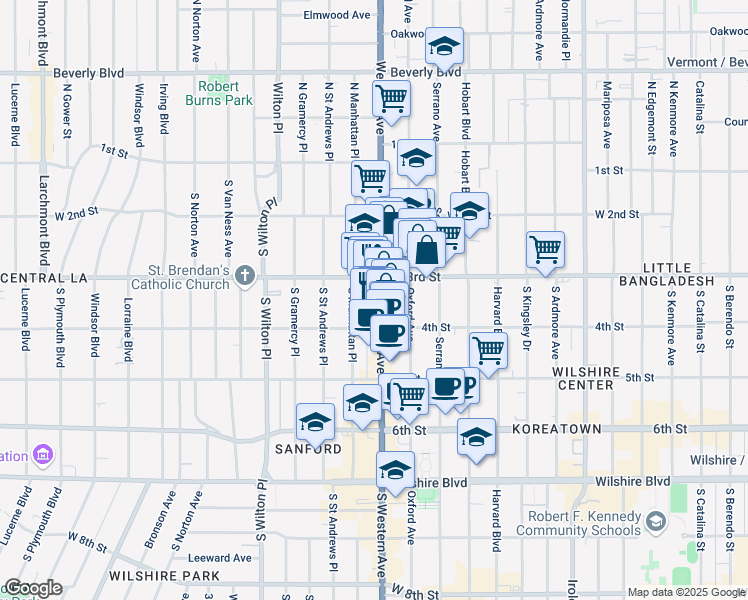 map of restaurants, bars, coffee shops, grocery stores, and more near 333 South Western Avenue in Los Angeles