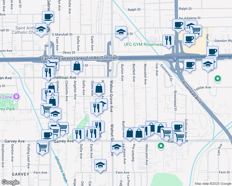 map of restaurants, bars, coffee shops, grocery stores, and more near 3312 Walnut Grove Avenue in Rosemead