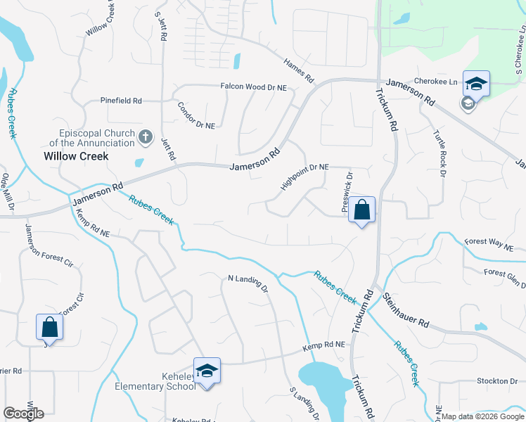 map of restaurants, bars, coffee shops, grocery stores, and more near 4790 Woodspring Drive Northeast in Marietta