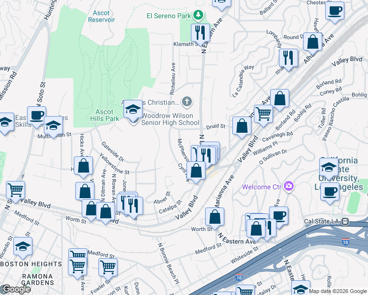 map of restaurants, bars, coffee shops, grocery stores, and more near 2106 McPherson Avenue in Los Angeles