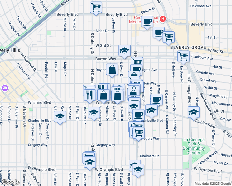 map of restaurants, bars, coffee shops, grocery stores, and more near 132 North La Peer Drive in Beverly Hills