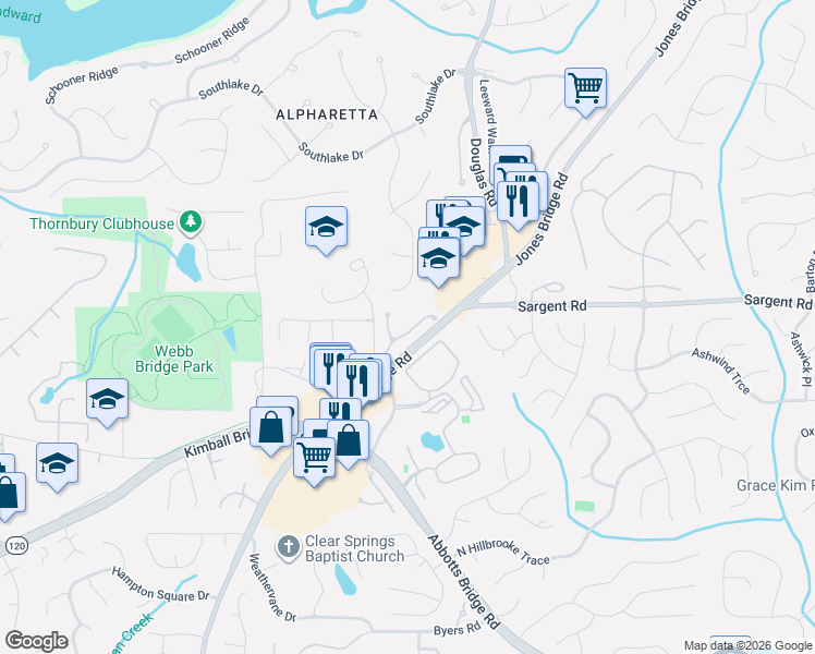 map of restaurants, bars, coffee shops, grocery stores, and more near 5231 Wellsley Bend in Alpharetta