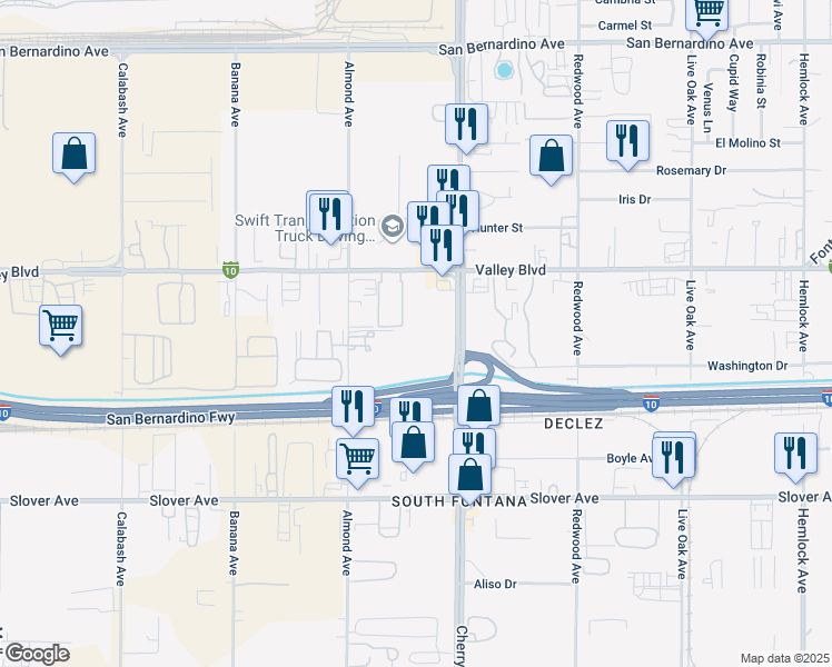 map of restaurants, bars, coffee shops, grocery stores, and more near 10238 Cherry Avenue in Fontana