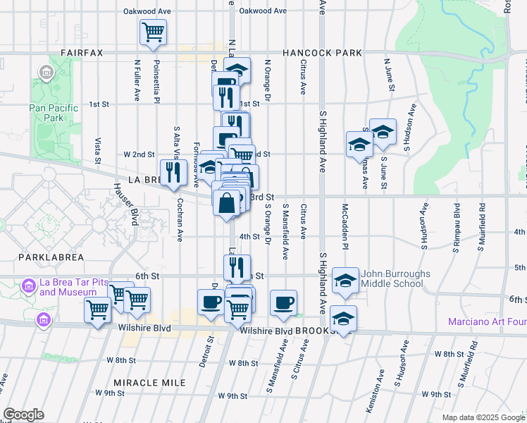 map of restaurants, bars, coffee shops, grocery stores, and more near 323 South Orange Drive in Los Angeles
