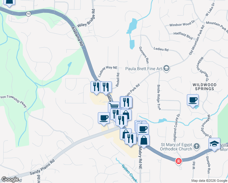 map of restaurants, bars, coffee shops, grocery stores, and more near 4860 Bedell Road in Roswell