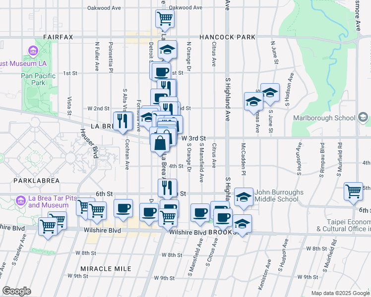 map of restaurants, bars, coffee shops, grocery stores, and more near 323 South Orange Drive in Los Angeles