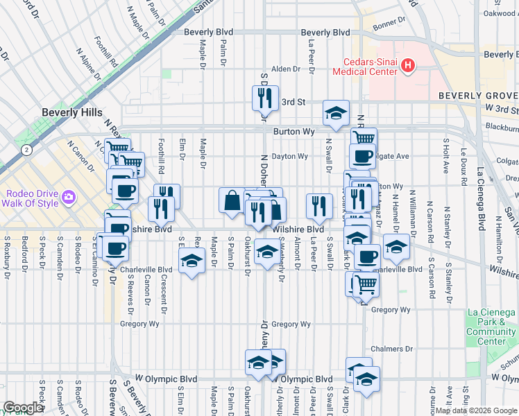 map of restaurants, bars, coffee shops, grocery stores, and more near 110 North Oakhurst Drive in Beverly Hills