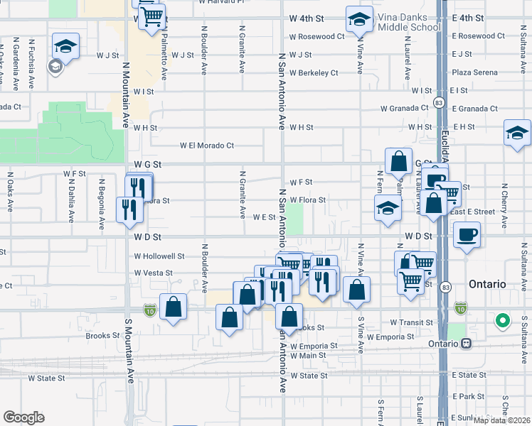 map of restaurants, bars, coffee shops, grocery stores, and more near 728 West E Street in Ontario