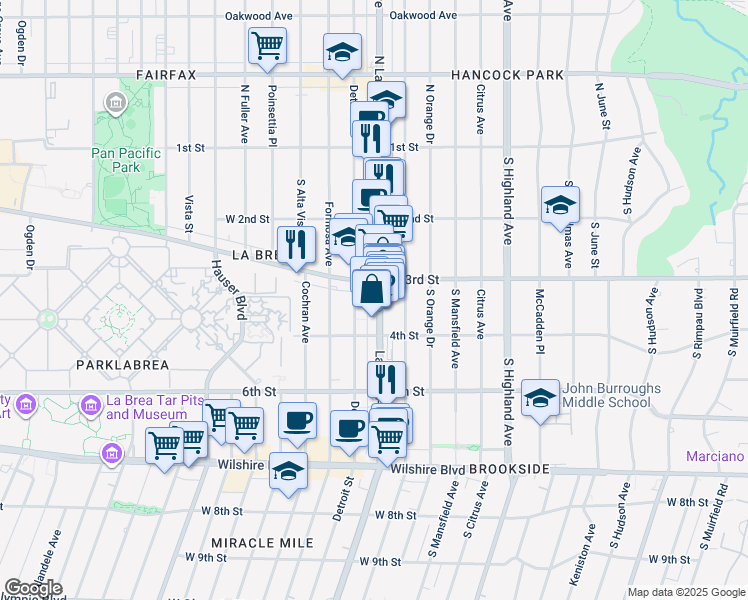 map of restaurants, bars, coffee shops, grocery stores, and more near 332 South La Brea Avenue in Los Angeles