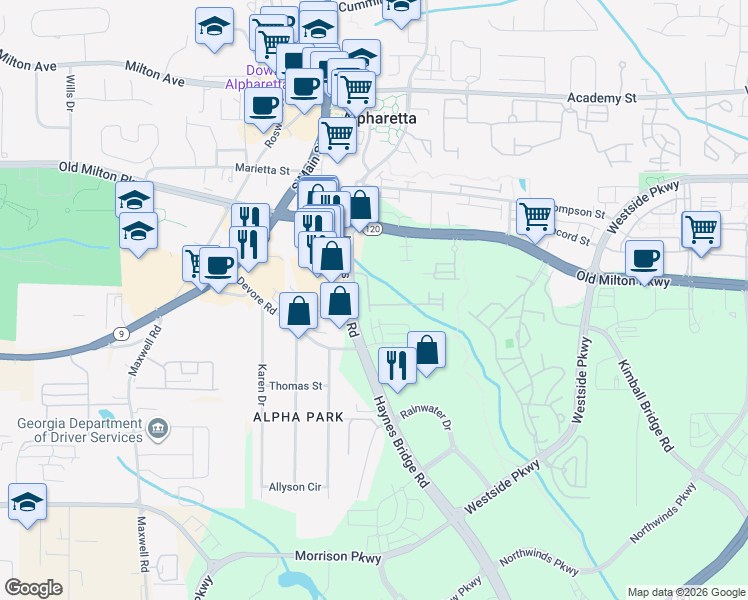 map of restaurants, bars, coffee shops, grocery stores, and more near 300 Nottaway Lane in Alpharetta