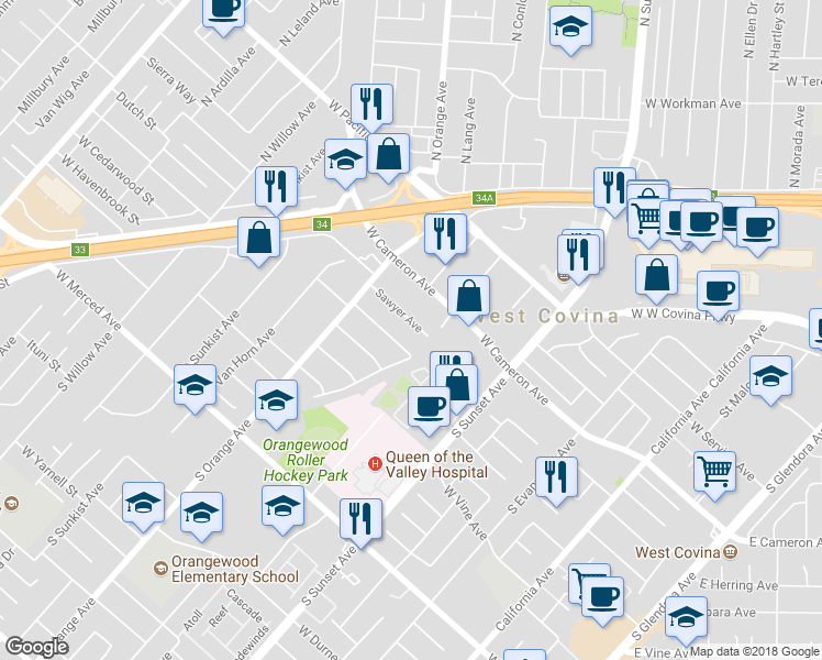 map of restaurants, bars, coffee shops, grocery stores, and more near 1618 Sawyer Avenue in West Covina