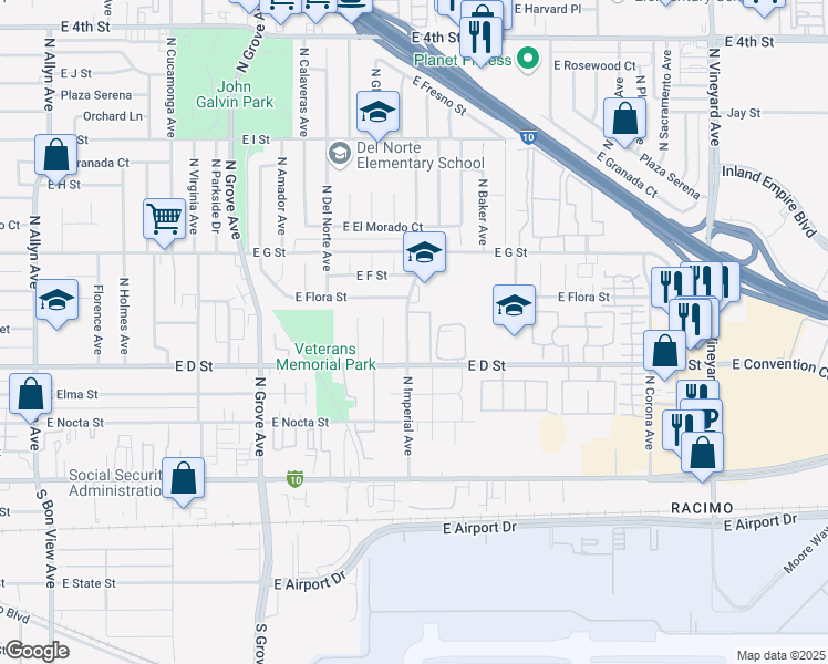 map of restaurants, bars, coffee shops, grocery stores, and more near 436 North Imperial Avenue in Ontario