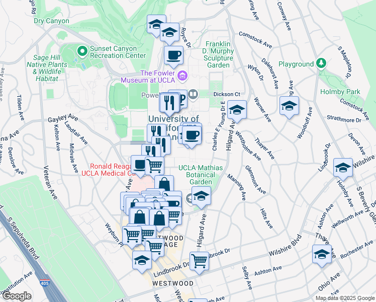 map of restaurants, bars, coffee shops, grocery stores, and more near 570 Westwood Plaza in Los Angeles
