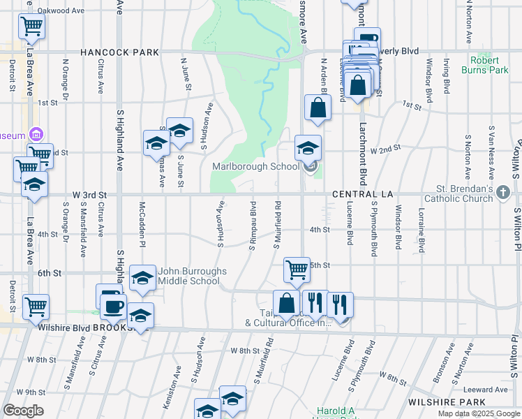 map of restaurants, bars, coffee shops, grocery stores, and more near 324 South Rimpau Boulevard in Los Angeles