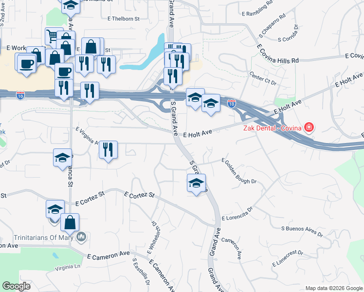 map of restaurants, bars, coffee shops, grocery stores, and more near 2844 South Grand Avenue in West Covina