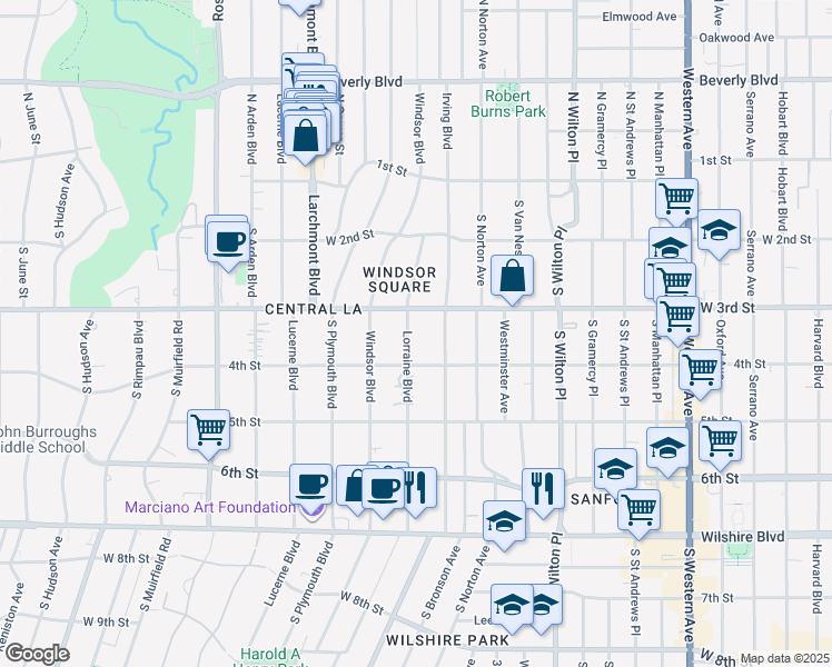 map of restaurants, bars, coffee shops, grocery stores, and more near 322 Lorraine Boulevard in Los Angeles