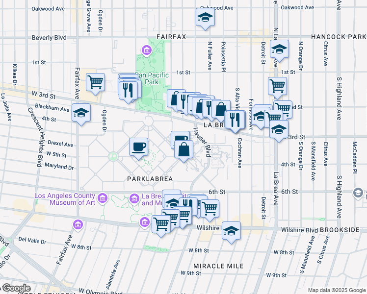 map of restaurants, bars, coffee shops, grocery stores, and more near 386 South Burnside Avenue in Los Angeles
