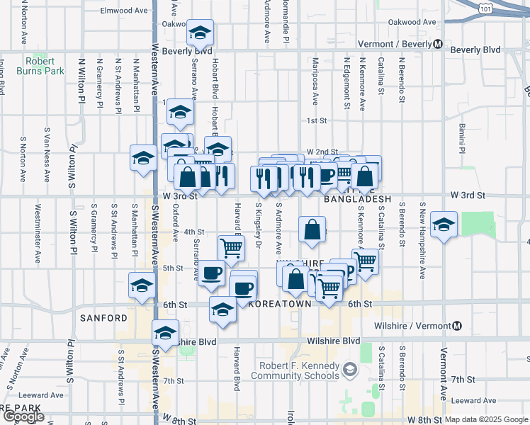 map of restaurants, bars, coffee shops, grocery stores, and more near 331 South Ardmore Avenue in Los Angeles