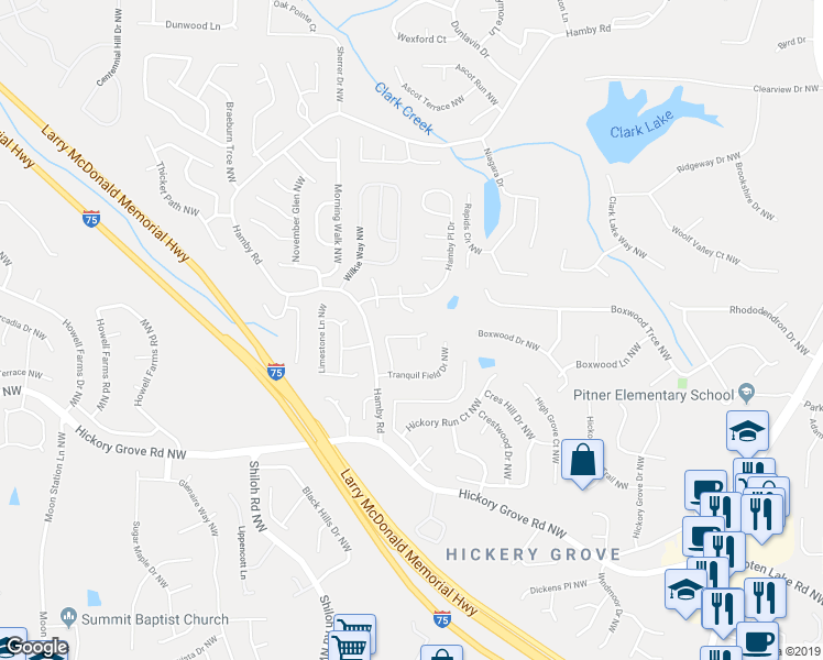 map of restaurants, bars, coffee shops, grocery stores, and more near 1916 Tranquil Field Way Northwest in Acworth